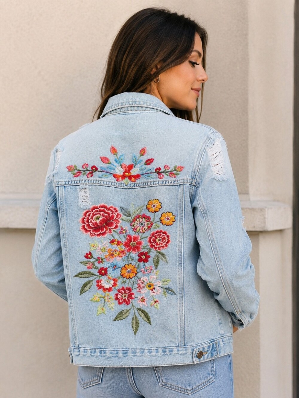Forever 21 Floral Embroidered Distressed Denim Jacket Women’s Size M Light Wash